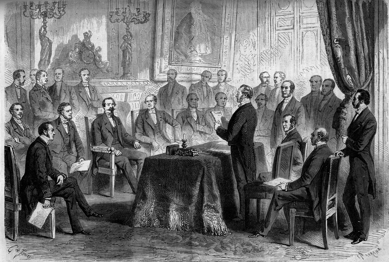 Dritte Republik: Sitzung des Staatsrates in den Tuilerien in Anwesenheit von Napoleon III. (1808-1873) und Baron Eugene Georges Haussmann, Präfekt von Paris (1809-1891). Gravur in "Le Monde Illustré" Nr. 291 vom 8. November 1862 von French School