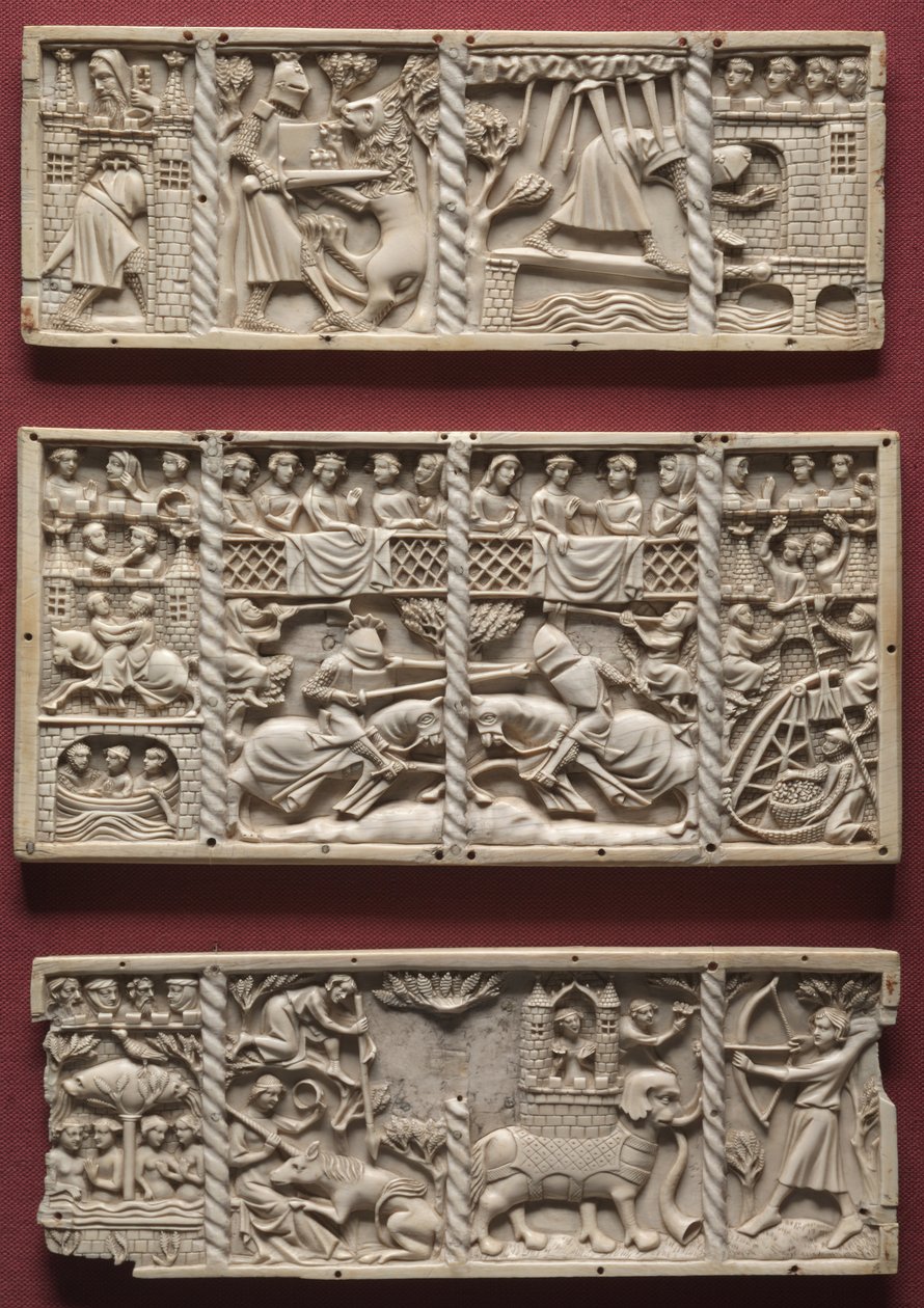 Drei Tafeln von einem Kästchen mit Szenen aus höfischen Romanzen, um 1330-1350 von French School