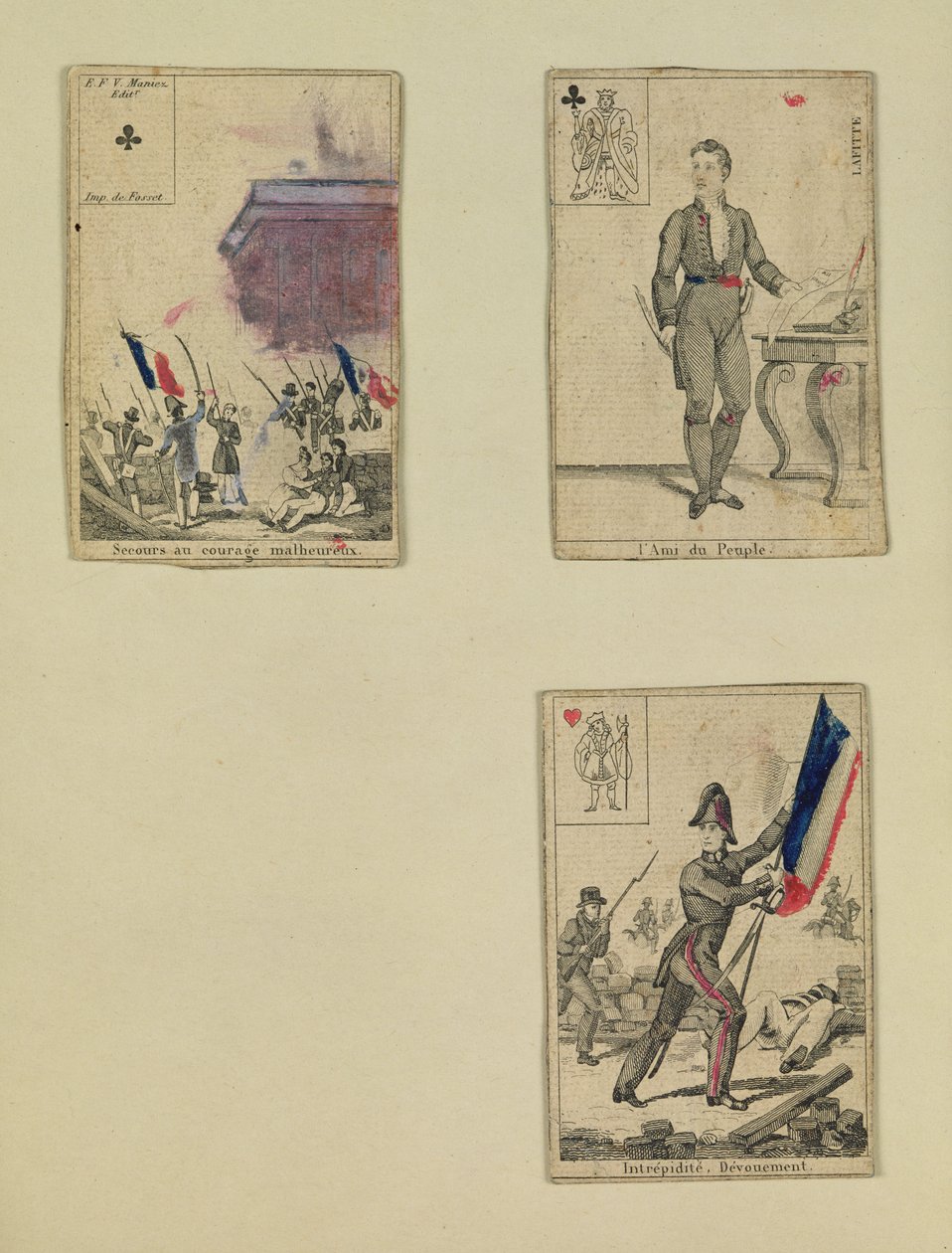 Drei Spielkarten zur Erinnerung an die Helden des Juli 1830, 1831 von French School