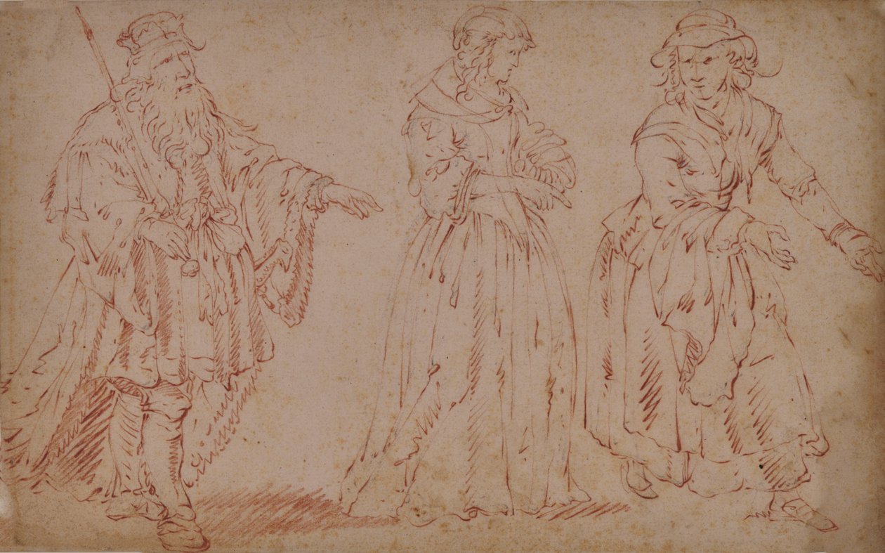 Drei Theaterfiguren: König Lear, Cordelia und Magd von French School