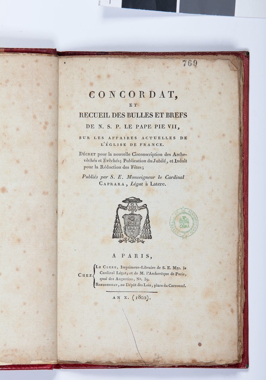 Titelseite des Concordat et Recueil des bulles et brefs de N. S. P. le Pape Pie VII, herausgegeben von Giovanni Battista Caprara, Paris, Chez Le Clers, 1802 von French School