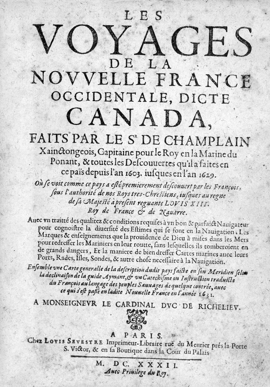 Titelseite für Les Voyages de la Nouvelle France... veröffentlicht 1632 (Druck) von French School