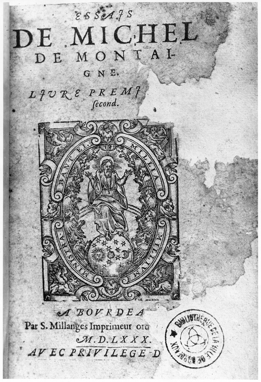 Titelseite der ersten Ausgabe von Essais von Michel de Montaigne (1533-92) 1580 von French School