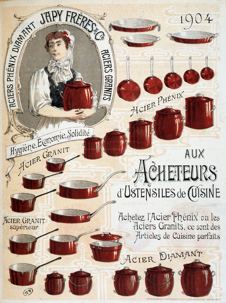 An Käufer von Küchenutensilien. Kaufen Sie Phenix Steel oder Granite Steel, dies sind perfekte Küchenartikel - Werbeetikett von French School