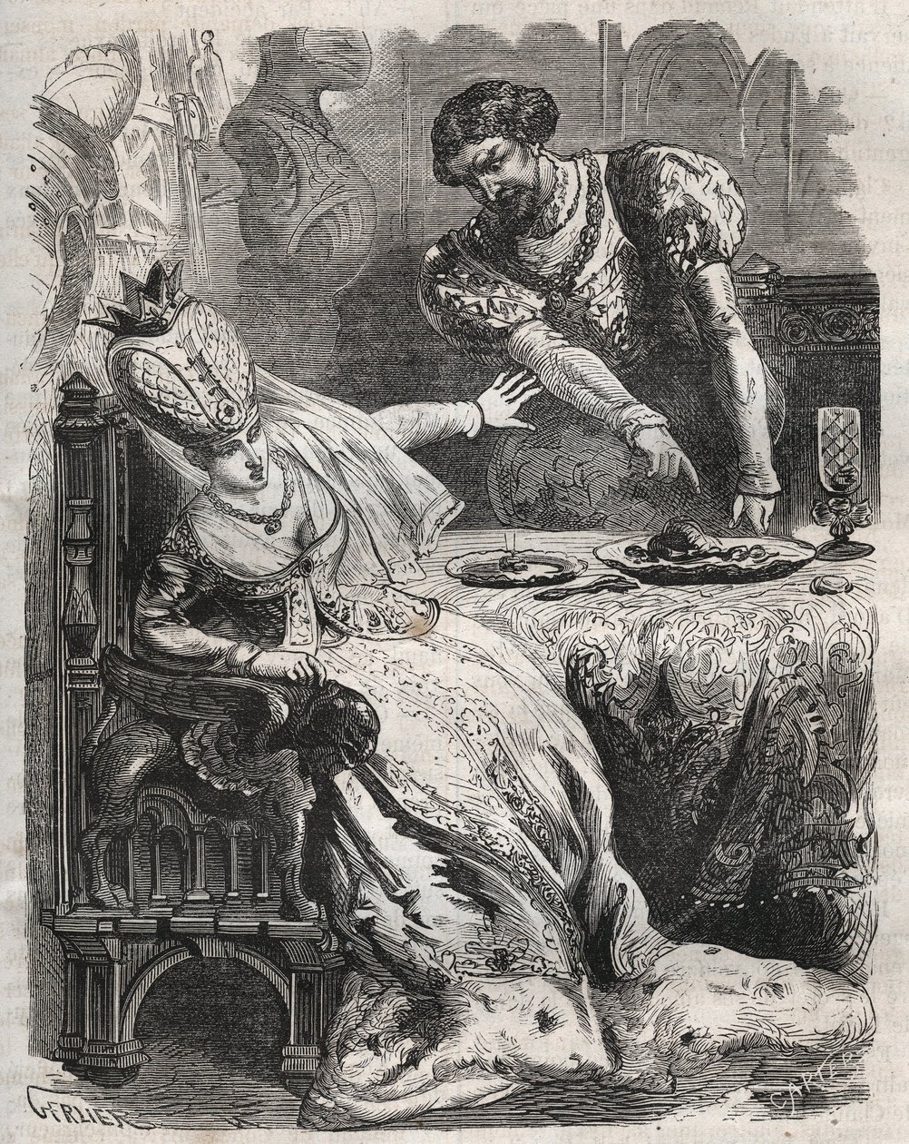 Um sich für die Untreue seiner Frau Gabrielle de Vergy zu rächen, lässt Eudes de Fayel sie unwissentlich das Herz ihres Liebhabers Raoul de Coucy essen. Szene einer Legende aus dem 12. Jahrhundert, nach der Raoul I. de Coucy (nach 1142-1191) verlangte, das von French School