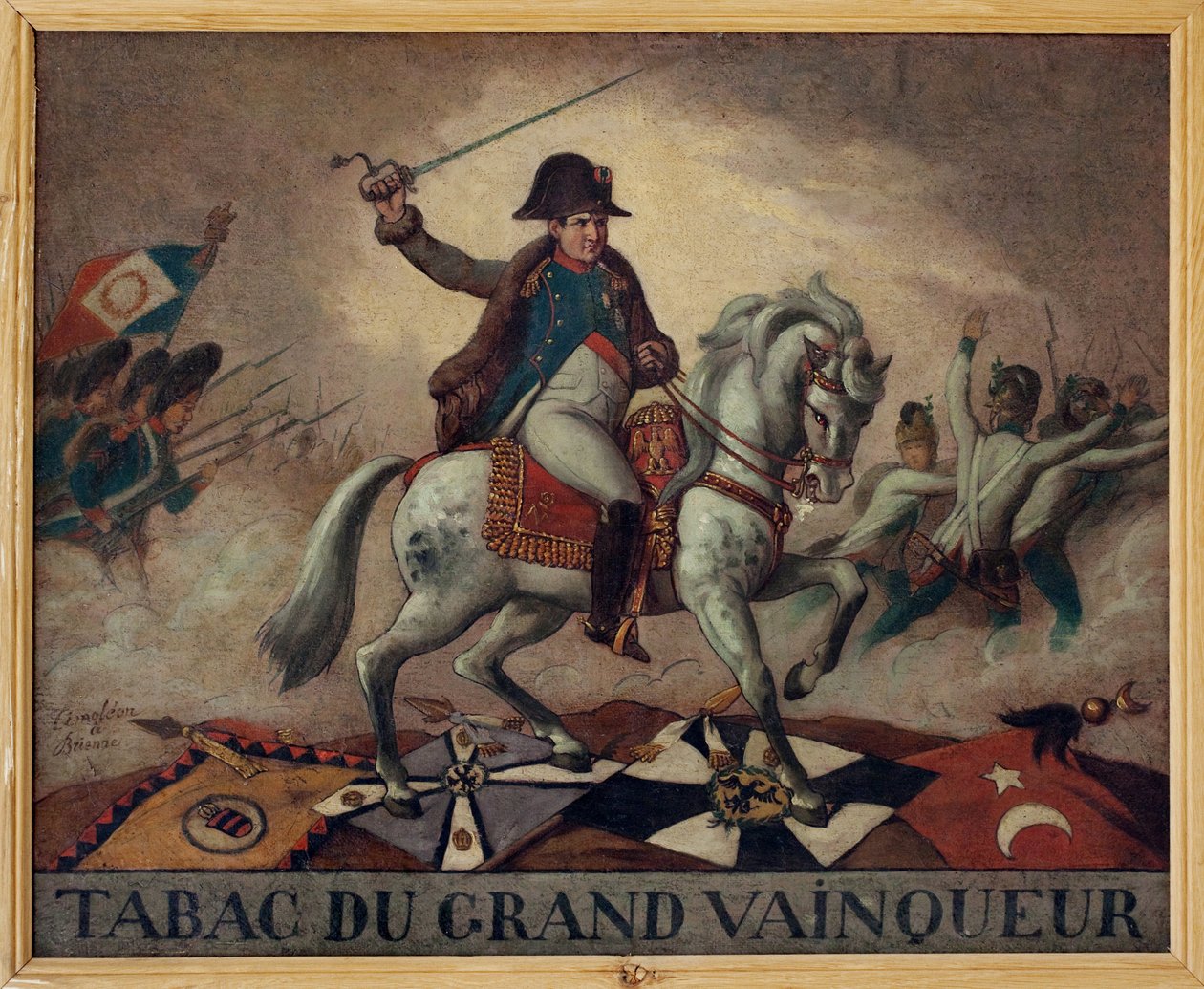 Zum Tabak des großen Gewinners. (Reiterporträt von Napoleon Bonaparte (1769-1821), der seine Truppen in die Schlacht führt) von French School