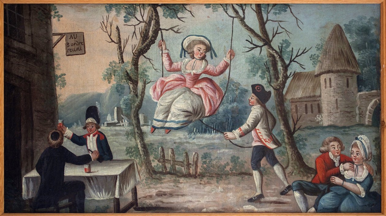 An die drei vereinten Stände. Der Klerus, der Adel und der Dritte Stand vereint in einer Taverne. Eine junge Frau schaukelt. Gemaltes Schild eines Kokardenhändlers, stammt wahrscheinlich aus dem Königspalast, anonymes Gemälde, Revolutionszeit von French School