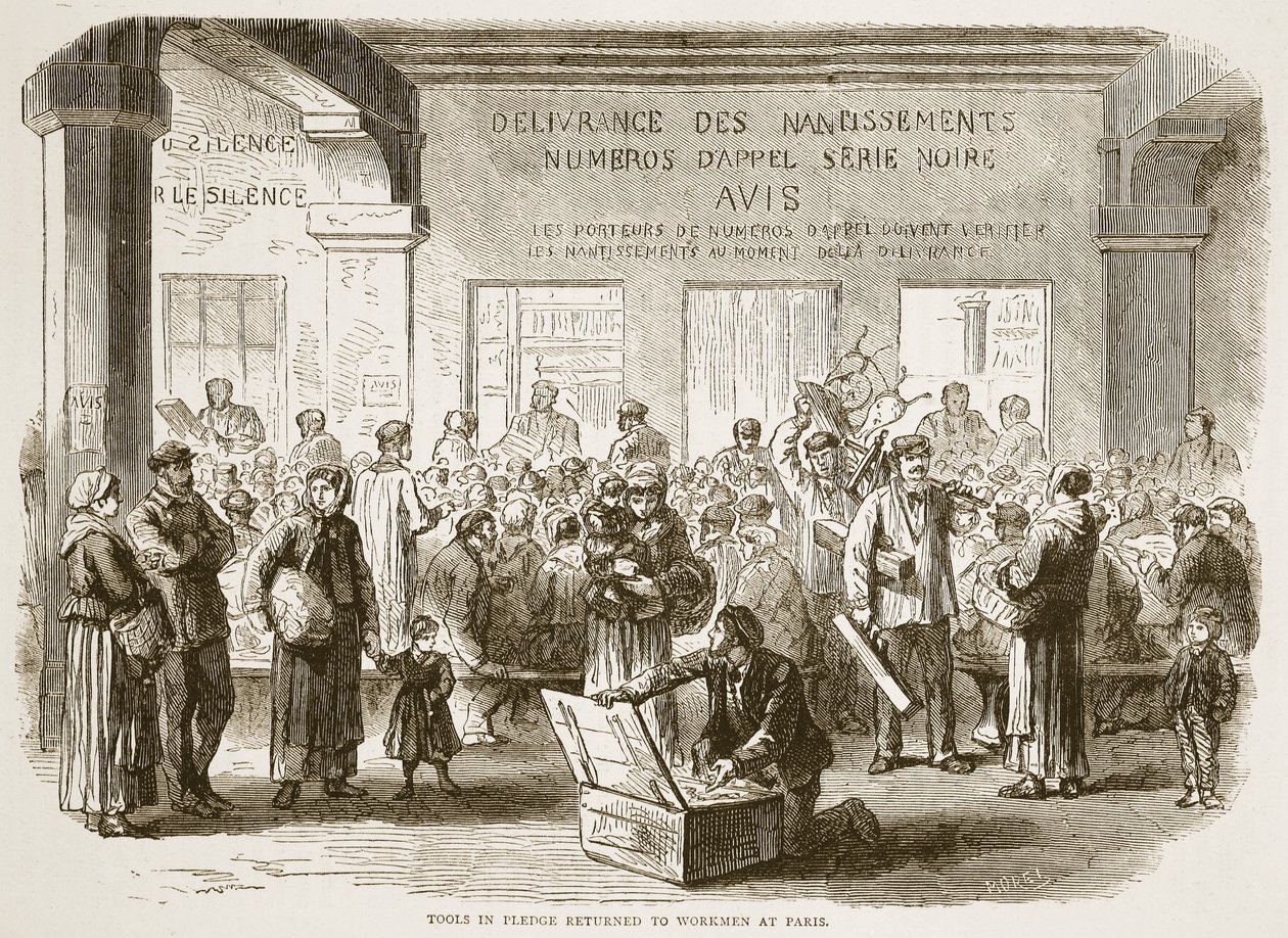 Rückgabe der verpfändeten Werkzeuge an die Arbeiter in Paris, Illustration aus Cassells Geschichte des Krieges zwischen Frankreich und Deutschland, 1870-1871 von French School