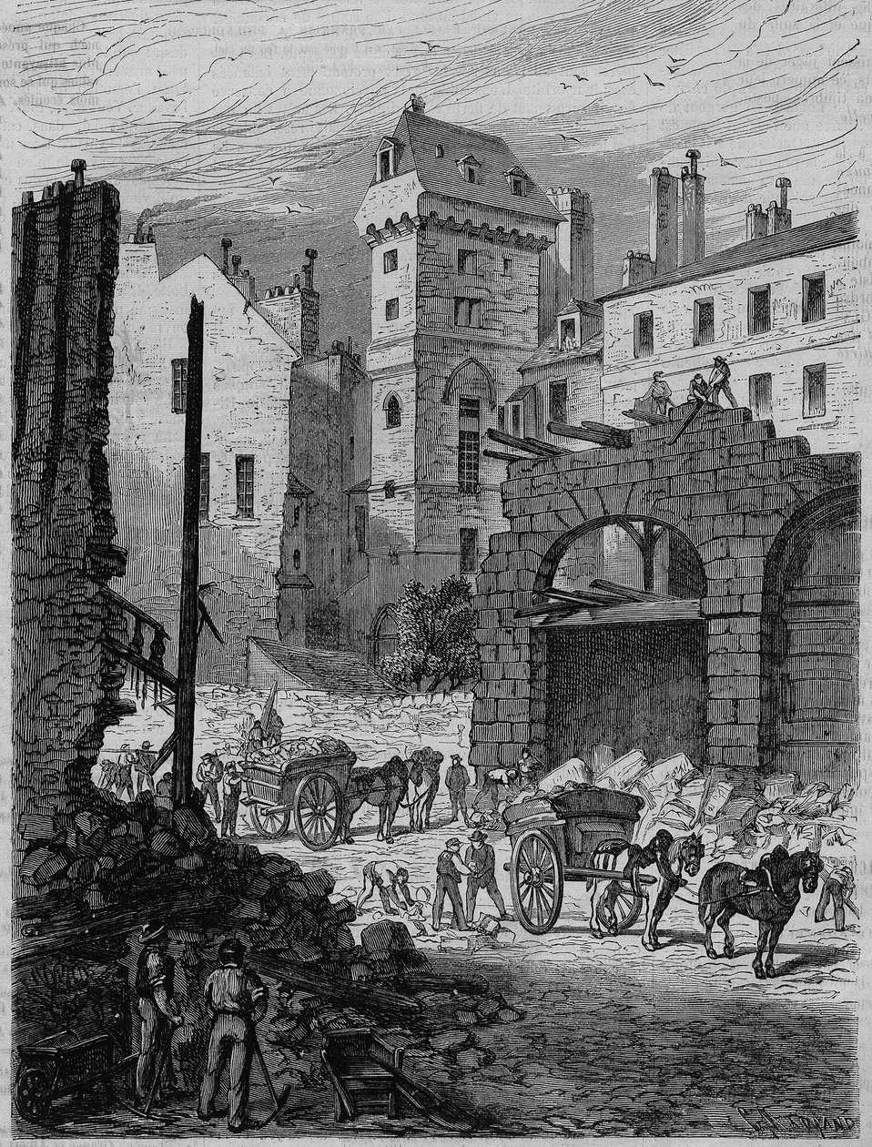 Tour Jean Sans Peur, letztes Überbleibsel des Hôtel de Bourgogne, während des Durchbruchs der Rue Etienne Marcel, Paris. Gravur von French School