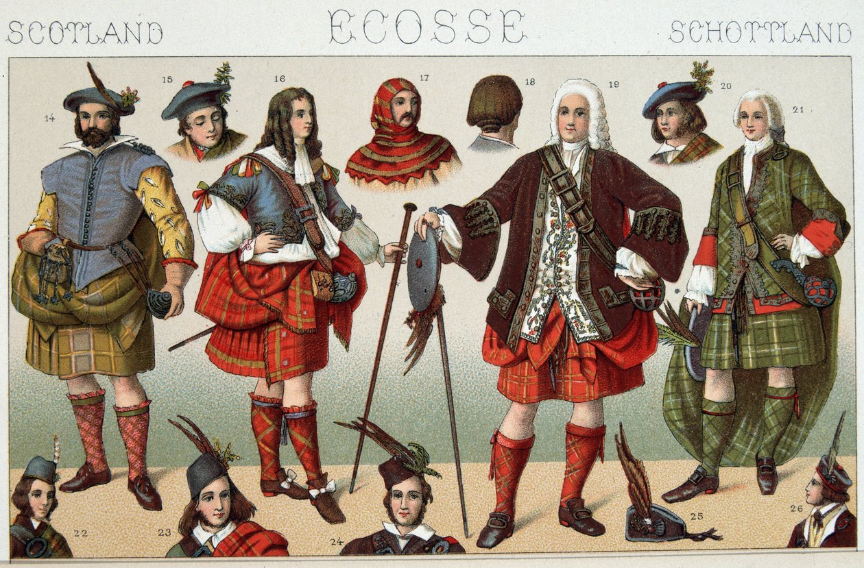 Traditionelle schottische Kostüme - in „Das historische Kostüm“ von Racinet von French School