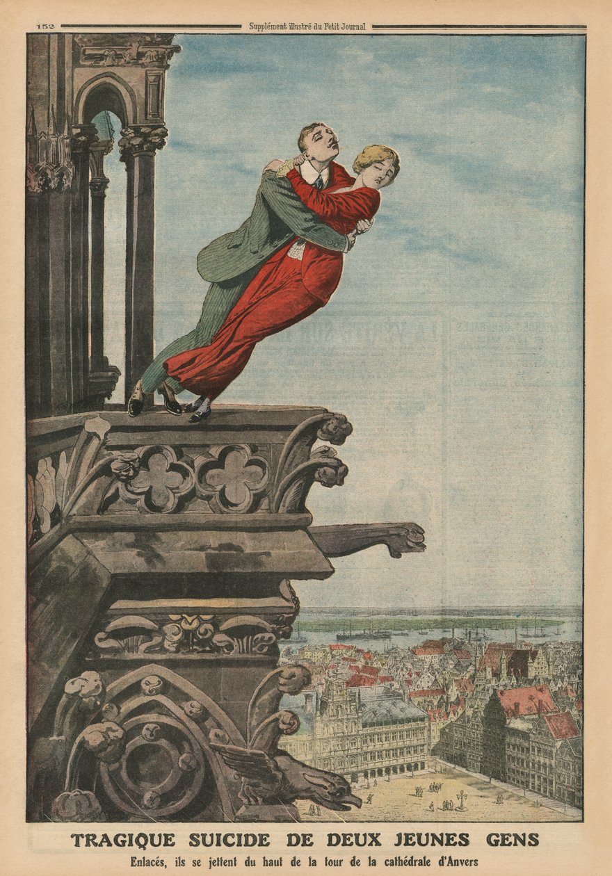 Tragischer Selbstmord zweier junger Leute vom Turm der Kathedrale in Antwerpen, Rückseitige Illustration aus 