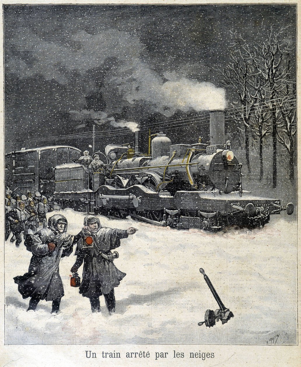 Zug gezwungen, wegen Schnee zu stoppen. Illustration der Zeitung „Le Petit Parisien“ vom März 1892. von French School