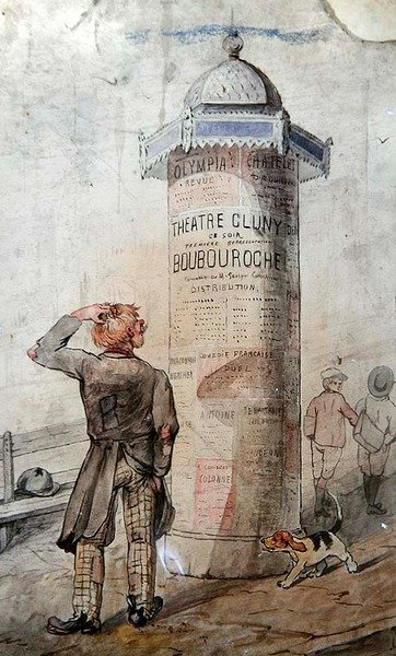 Landstreicher betrachtet ein Plakat, das Courtelines Stück 