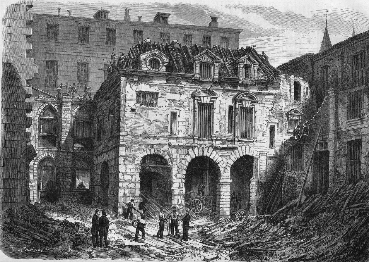 Transformationen von Paris unter dem Zweiten Kaiserreich, Haussmanns Paris: Abriss des Hofes Saint Martin im Justizpalast (Conciergerie) auf der Île de la Cité von French School