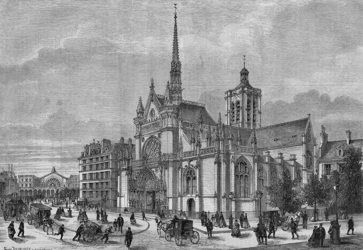 Transformationen von Paris unter dem Zweiten Kaiserreich, Paris haussmannien: Blick auf die neue neugotische Fassade der Kirche Saint Laurent, Boulevard de Strasbourg, restauriert von dem Architekten Simon Claude Constant Dufeux (Constant-Dufeux) (1801-187 von French School