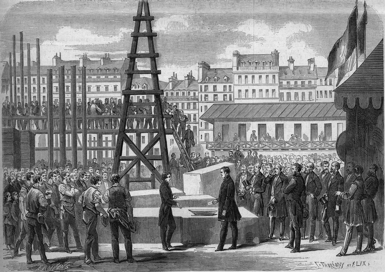 Transformationen von Paris unter dem Zweiten Kaiserreich, Haussmann-Paris: Installation der Premiere der Oper Garnier durch den Staatsminister Joseph Alexandre Colonna (1810-1868), Graf Walewski, in Anwesenheit des Architekten Charles Garnier (1825-1898) von French School