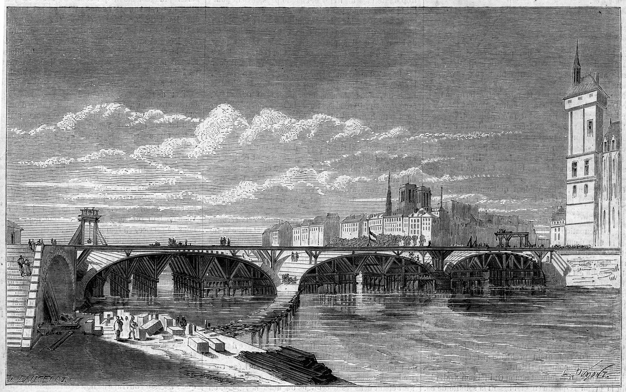Umgestaltungen von Paris unter dem Zweiten Kaiserreich, Haussmann Paris: Ansicht der Pont au Change während ihres Wiederaufbaus. Gravur in „Le Monde Illustré“ Nr. 169 vom 7. Juli 1860. von French School