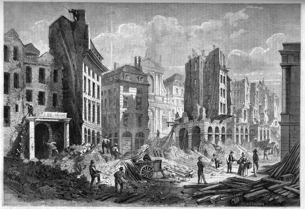 Transformationen von Paris unter dem Zweiten Kaiserreich, Paris Haussmann: Abriss der Rue de la Barillerie für den Durchbruch des Boulevard Sebastopol. Gravur in „Le Monde Illustré“ Nr. 126 vom 10. September 1859 von French School