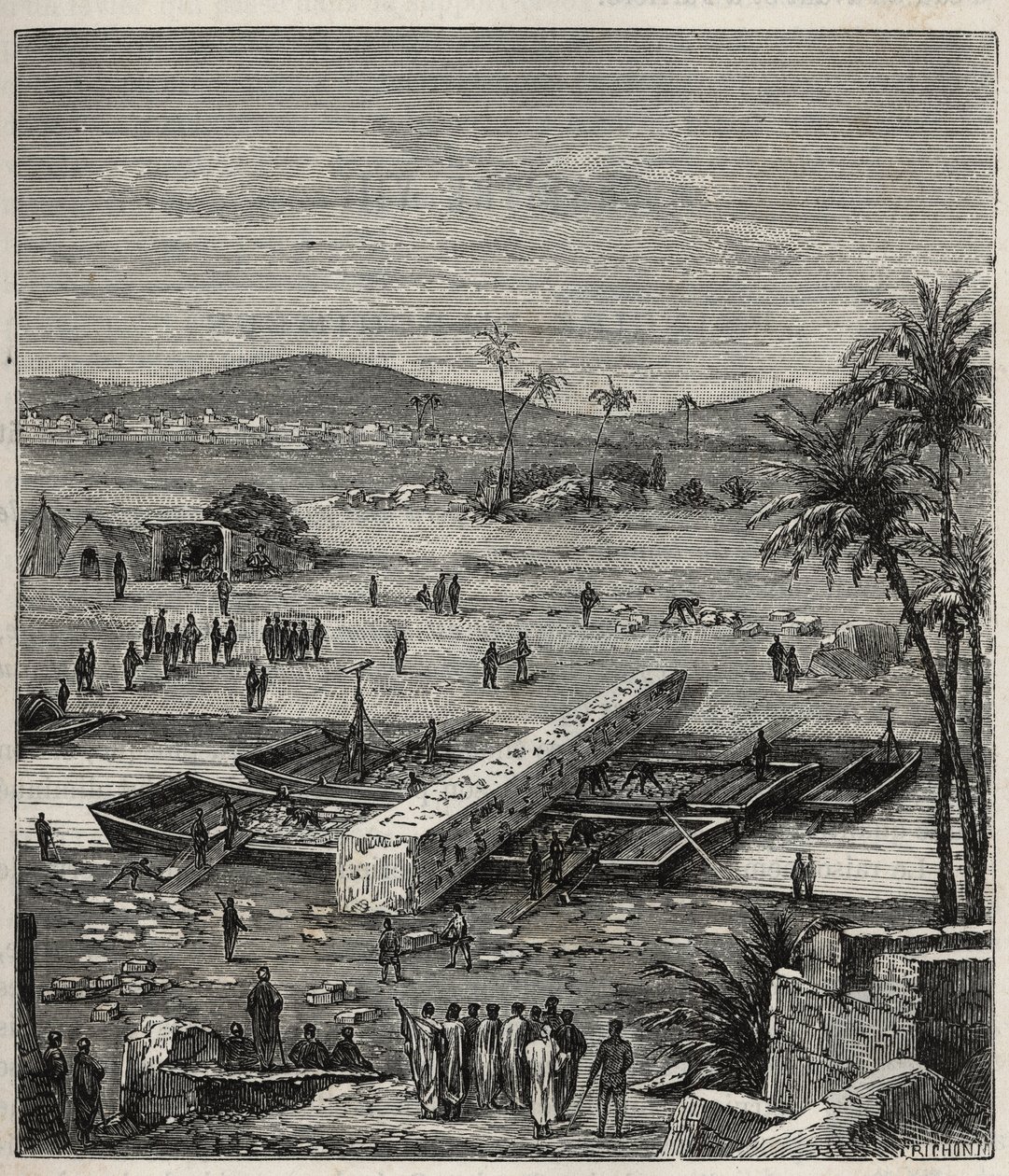 Transport des Obelisken von Ptolemee Philadelph (Ptolemaios Philadelphos) (Ptolemee II) auf dem Nil nach Alexandria - Gravur in „Wissenschaften für alle - Populäre Physik und Chemie“ von Alexis Clerc - Ende 19. Jahrhundert - Private Sammlung von French School