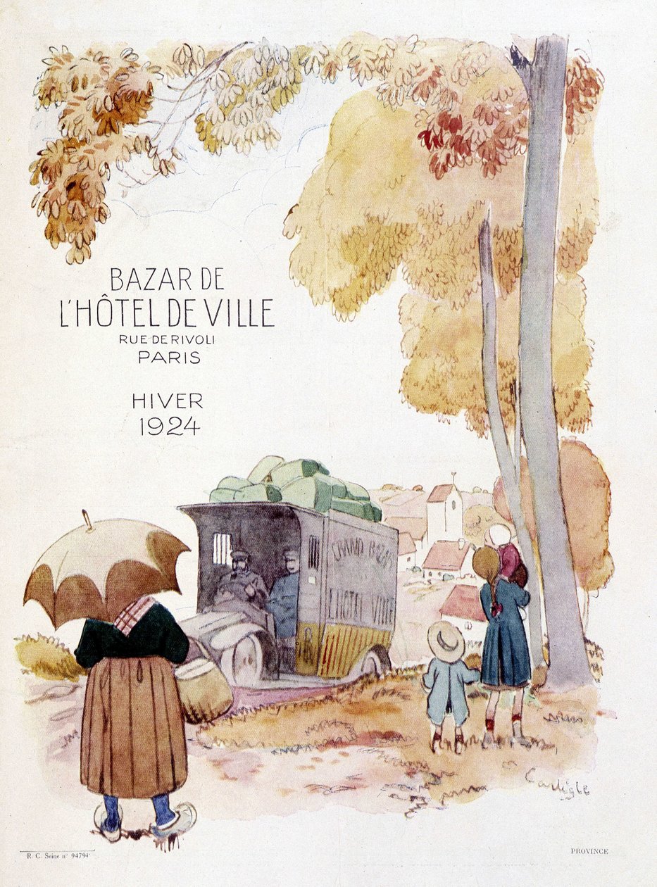 Reisende Händler auf dem Land. Werbeplakat von 1924 für den Bazar de l
