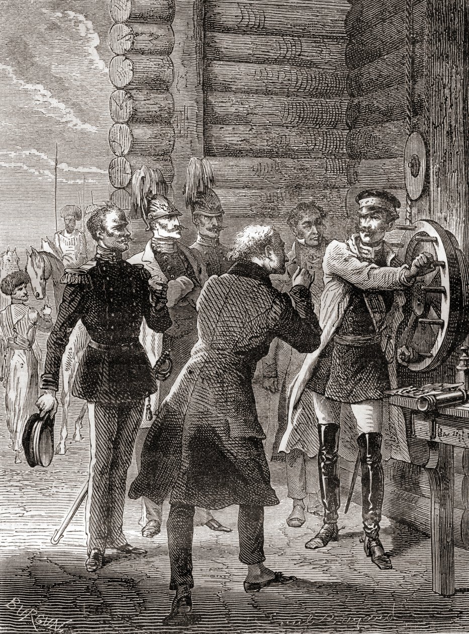Zar Nikolaus I. eröffnet die Semaphor-Telegraphenlinie zwischen Moskau und Warschau im Jahr 1833, unter Verwendung einer Modifikation des Semaphorsystems von Claude Chappe, aus Les Merveilles de la Science, veröffentlicht um 1870 (Gravur) von French School