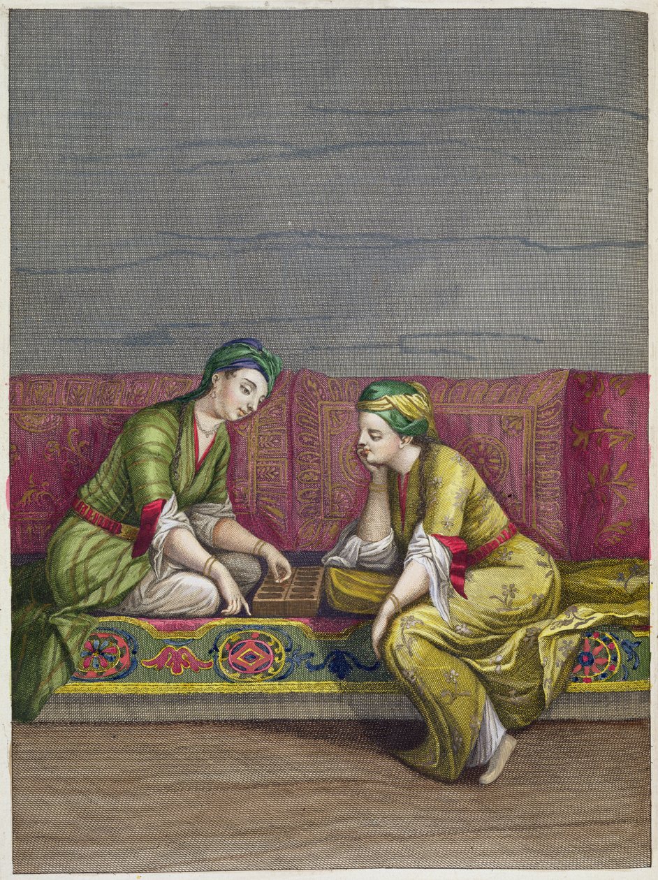 Türkische Mädchen spielen Mangala, 18. Jahrhundert von French School