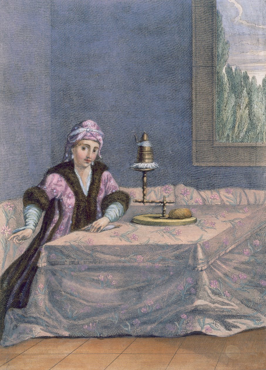 Türkische Frau beim Spinnen von Fäden, ca. 1708 von French School