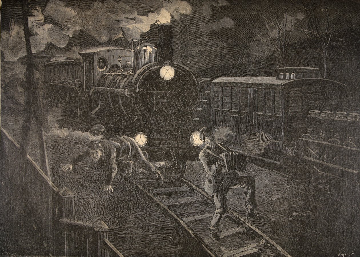 Zwei Männer von einem Zug erfasst, Illustration aus Le Petit Journal: Supplement illustre, 1898 von French School