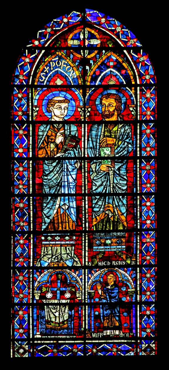 Zwei Heilige - einer ist Nicaise; Stifterpriester unten von French School