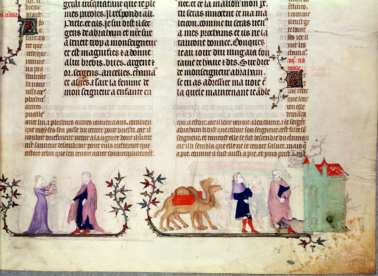 Zwei Szenen aus der Geschichte von Rebecca am Brunnen, aus der Bibel von Jean de Sy, ca. 1355 von French School
