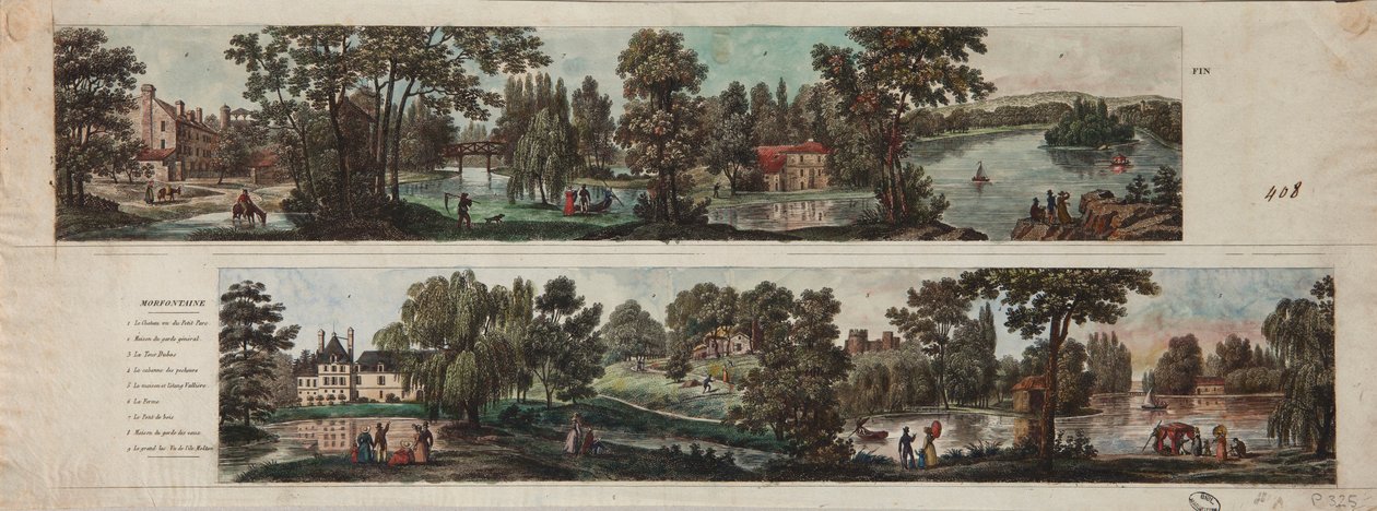 Zwei Ansichten des Mortefontaine-Parks mit Beschriftungen (Radierung mit Aquarell auf Papier) von French School