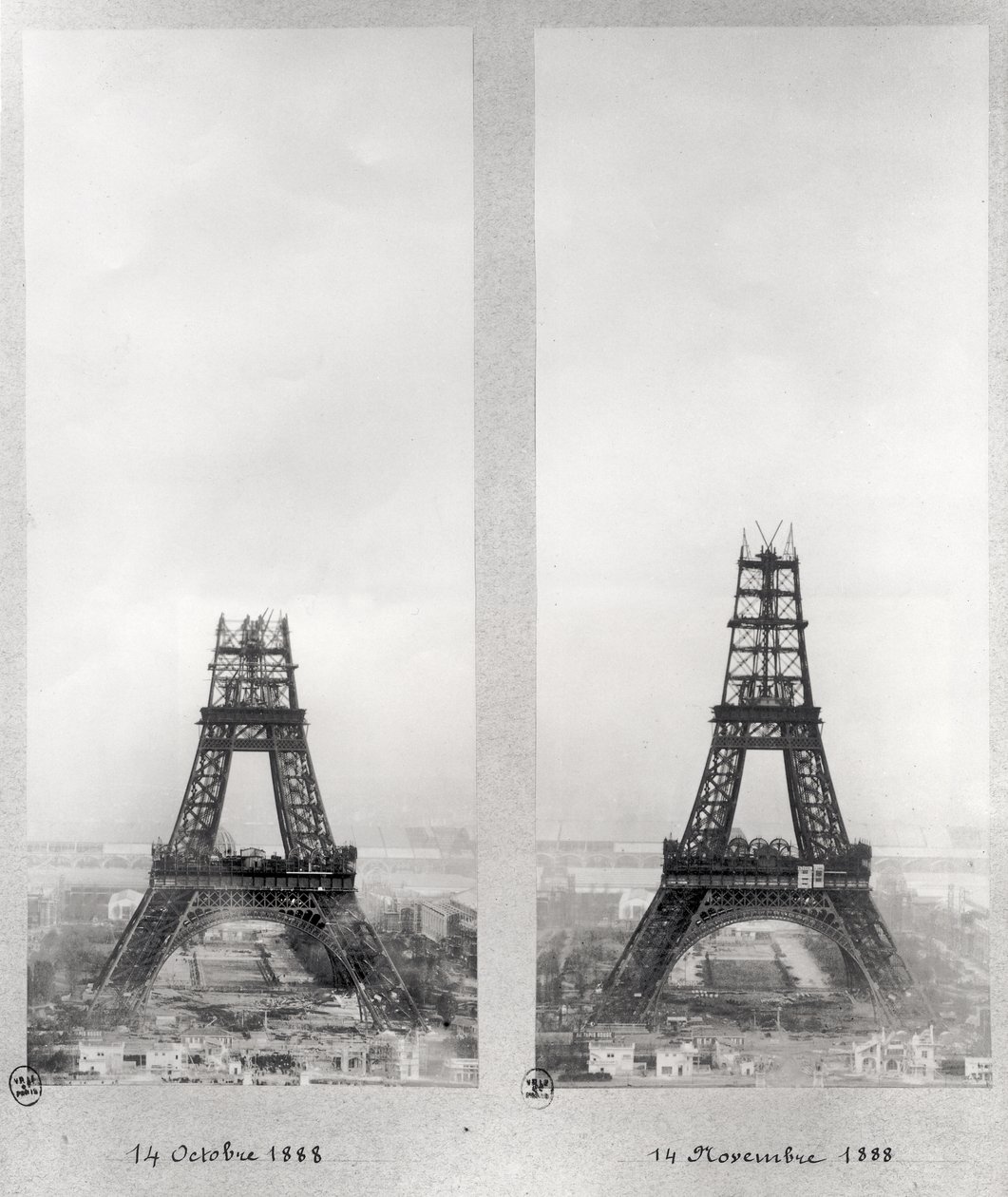 Zwei Ansichten des Baus des Eiffelturms, Paris, 14. Oktober und 14. November 1888 von French School