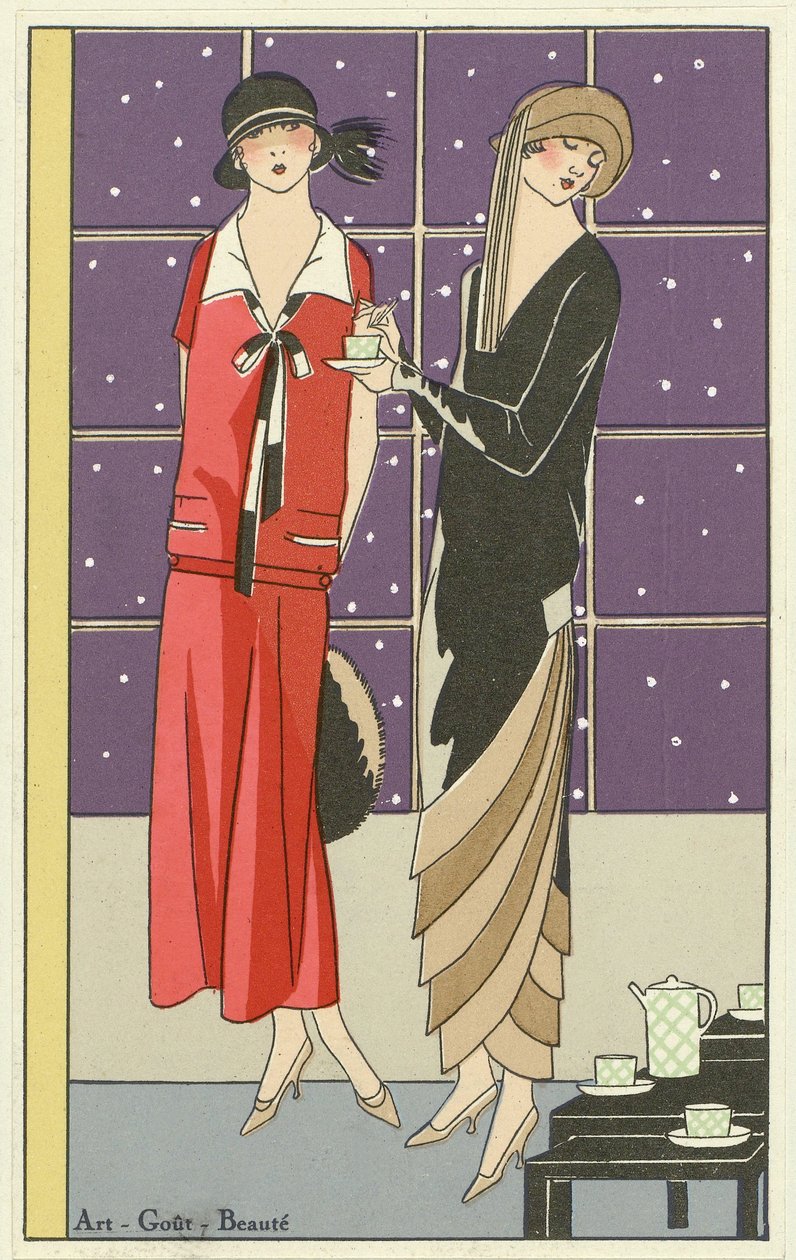 Zwei Frauen beim Tee in Designs von Jean Patou und Beer, aus Art-Goût-Beauté veröffentlicht 1924 von French School