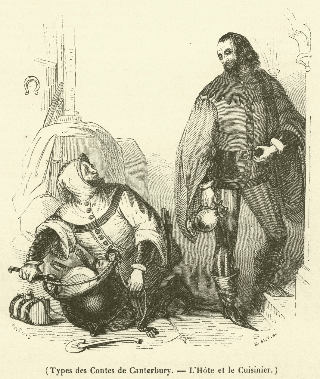 Typen der Canterbury-Erzählungen, der Wirt und der Koch (Gravur) von French School