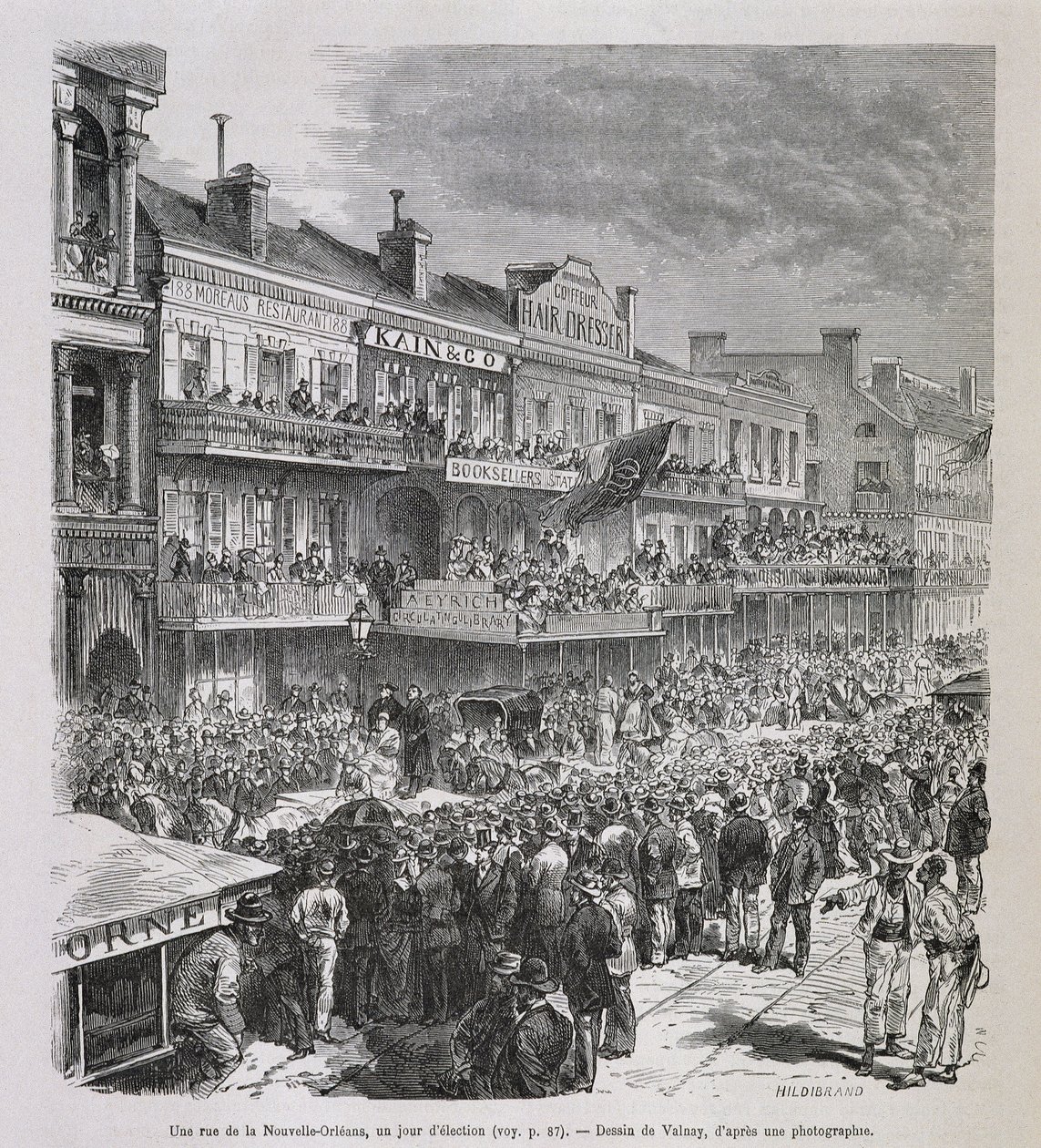 Eine Straße in New Orleans am Wahltag 1875 - in „Le Tour du Monde“, 2. Halbjahr 1876 von French School