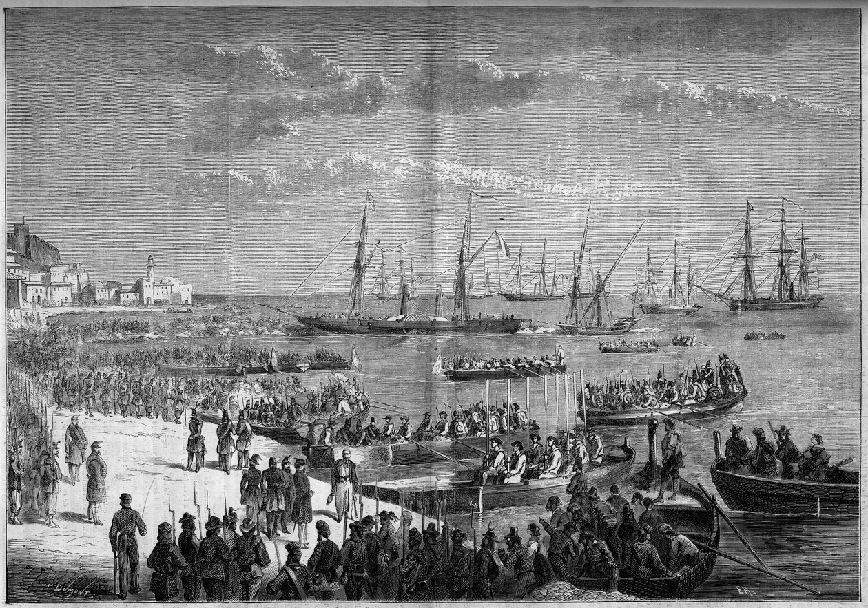 Einheit Italiens - Expedition der Tausend oder Rothemden - Evakuierung von Milazzo (Sizilien), Juli 1860: General Bosco und die neapolitanischen Truppen von Franz II. verließen die Zitadelle von Milazzo nach ihrer Niederlage gegen die Tausend von Giuseppe  von French School