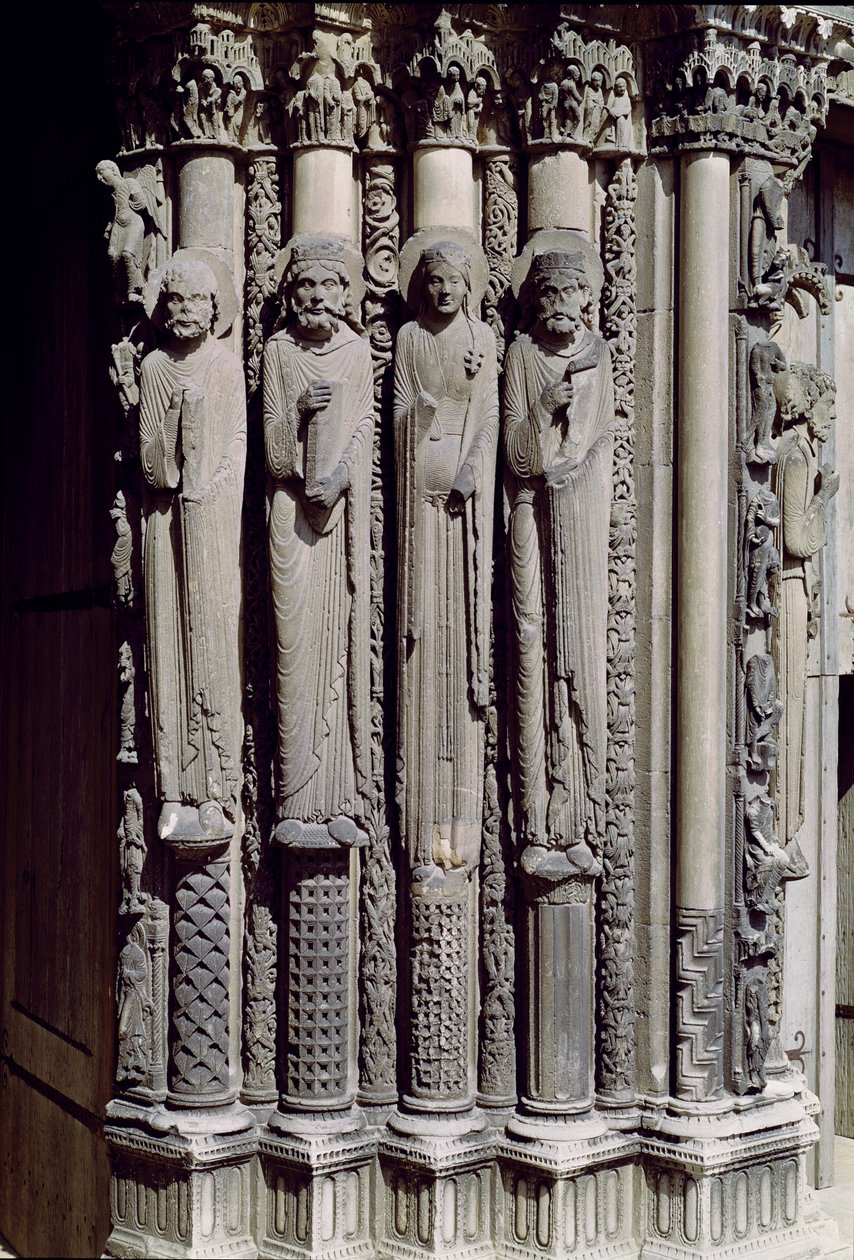 Unbekannte Figur, König Salomo, die Königin von Saba und König David, Gewändefiguren vom Königlichen Portal, 1140-55 von French School