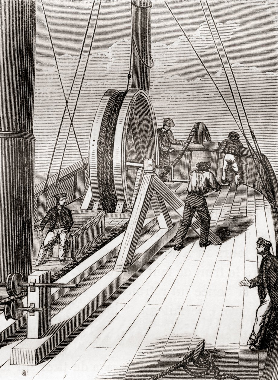 Das Abwickeln des Dover-Calais-Unterseekabels an Bord der Blazer, 25. Dezember 1851, aus Les Merveilles de la Science, veröffentlicht um 1870 (Gravur) von French School