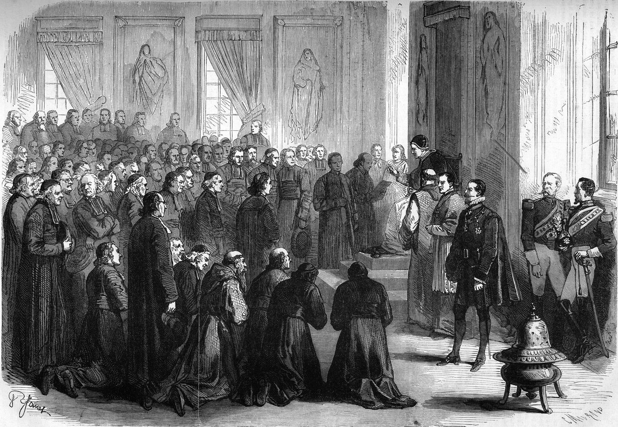 Erstes Vatikanisches Konzil (1869-1870): Papst Pius IX. (1792-1878) empfing in einer Generalaudienz die französischen Geistlichen, die den Bischöfen folgten von French School