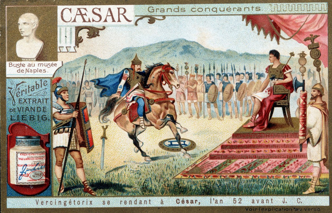Vercingetorix geht zu Cäsar, im Jahr 52 v. Chr. - Liebig Werbevignette von French School