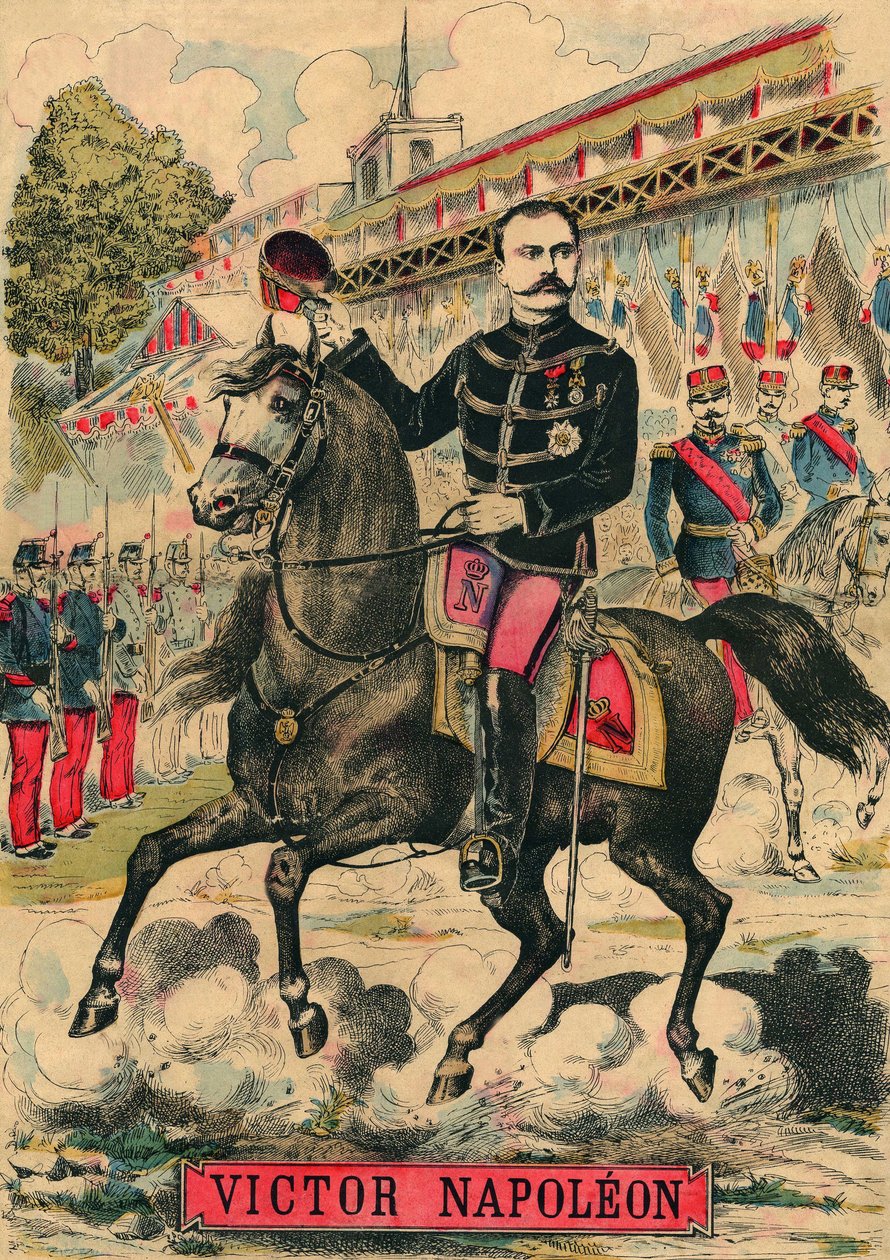 Victor Napoleon (1862-1926) an der Spitze der Bonapartisten-Anhänger, der letzte Erbe von Napoleon I. musste nach einem Gesetz der Dritten Republik von 1886 ins Exil gehen. Gravur in „Le Figaro, Beilage“, am 30.03.1889, Paris. Sammlung Selva. von French School