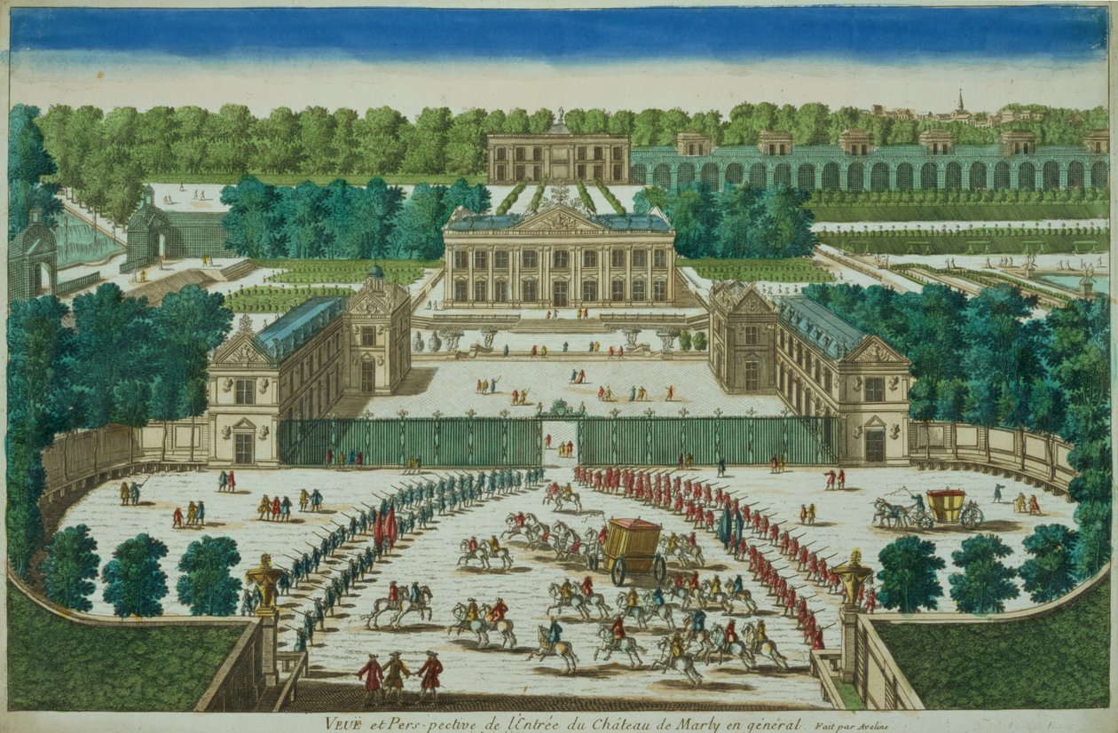 Ansicht und Perspektive des Eingangs zum Schloss von Marly, graviert von Antoine Aveline von French School