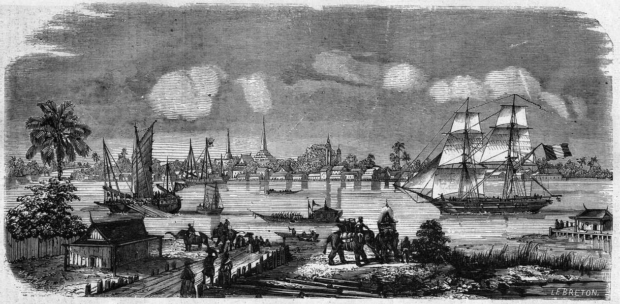 Blick auf die Stadt und den Hafen von Bangkok (Bang-Kok), Königreich Siam (Thailand) von French School