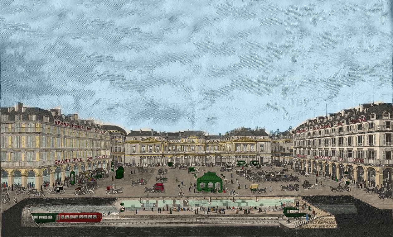 Ansicht des Palais-Royal und der Rue de Rivoli mit einem Querschnitt der U-Bahn-Station 1898 (farbige Radierung) von French School