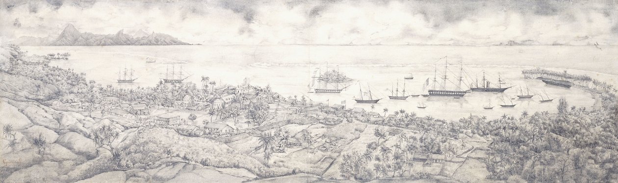 Ansicht von Papeete, Tahiti, Blick auf den Hafen in Richtung Moorea, Mitte des 19. Jahrhunderts von French School