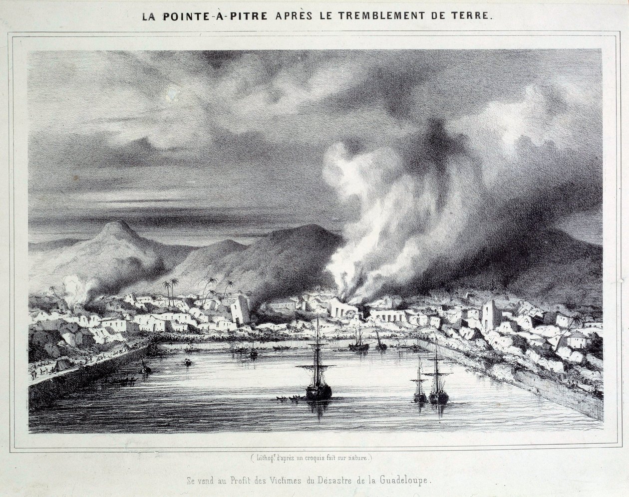 Ansicht von Pointe-à-Pitre nach dem Erdbeben am 08.02.1843. Gravur des 19. Jahrhunderts. Chartres, Musée des Beaux Arts von French School