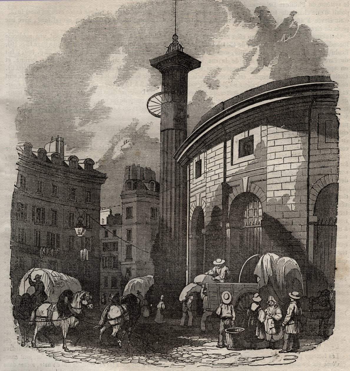 Ansicht der Halle au Blé in Paris (erbaut 1763-1769) und der Medici-Säule, Gravur Anfang des 19. Jahrhunderts - Weizen- und Maisbörse in Paris (erbaut 1763-1769), Gravur Anfang des 19. Jahrhunderts - Ansicht der Halle au Blé, platziert auf dem heutigen Hôt von French School