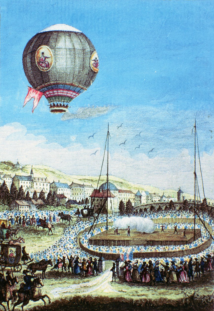 Ansicht der Brolteaux in Lyon und der dritte Flug des Montgolfier-Heißluftballons am 10. Januar 1784 (Farbstich) von French School