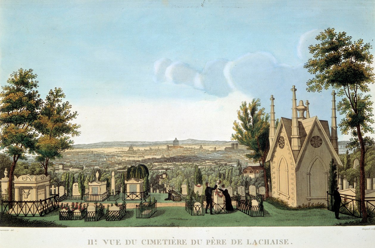Ansicht des Friedhofs Père Lachaise in Paris. Anonyme Lithographie des 19. Jahrhunderts. Private Sammlung von French School