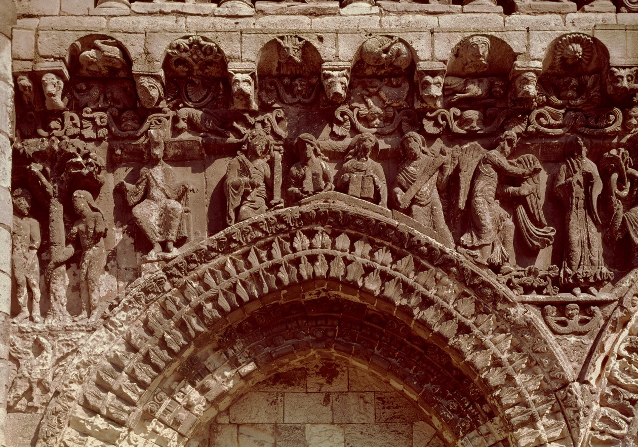 Blick auf die Westfassade, Detail der Propheten, der Verkündigung und der Erbsünde von French School